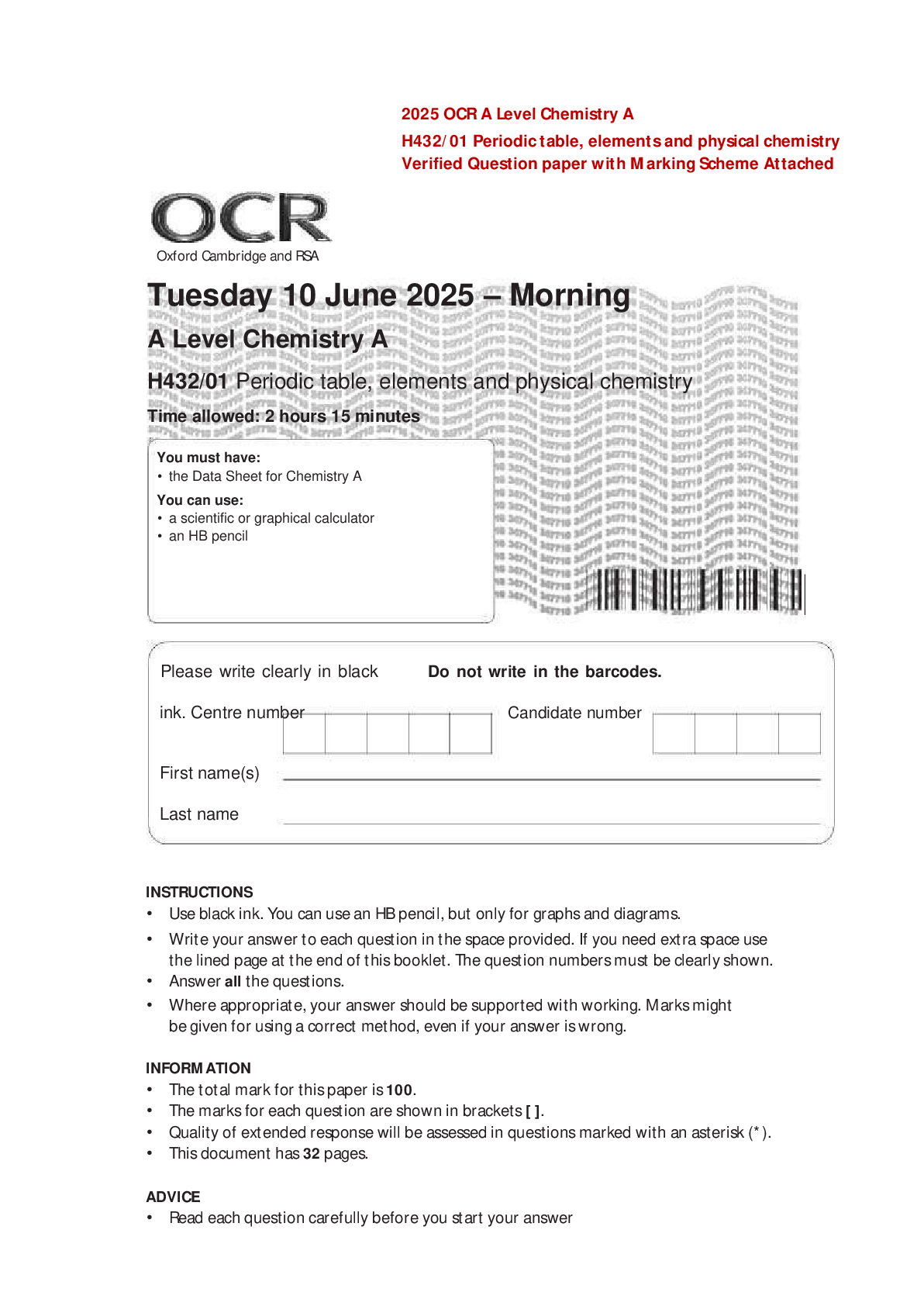 2025 OCR A Level Chemistry A H432/01 Periodic table, elements and physical chemistry Verified Question paper with Marking Scheme Attached