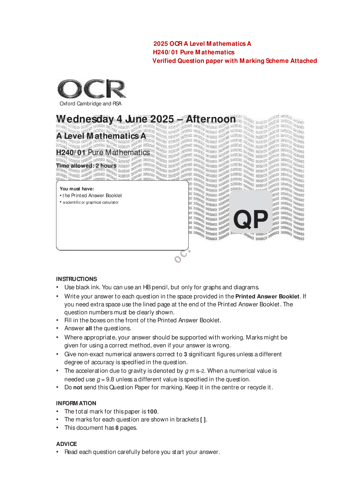 2025 OCR A Level Mathematics A H240/01 Pure Mathematics Verified Question paper with Marking Scheme Attached