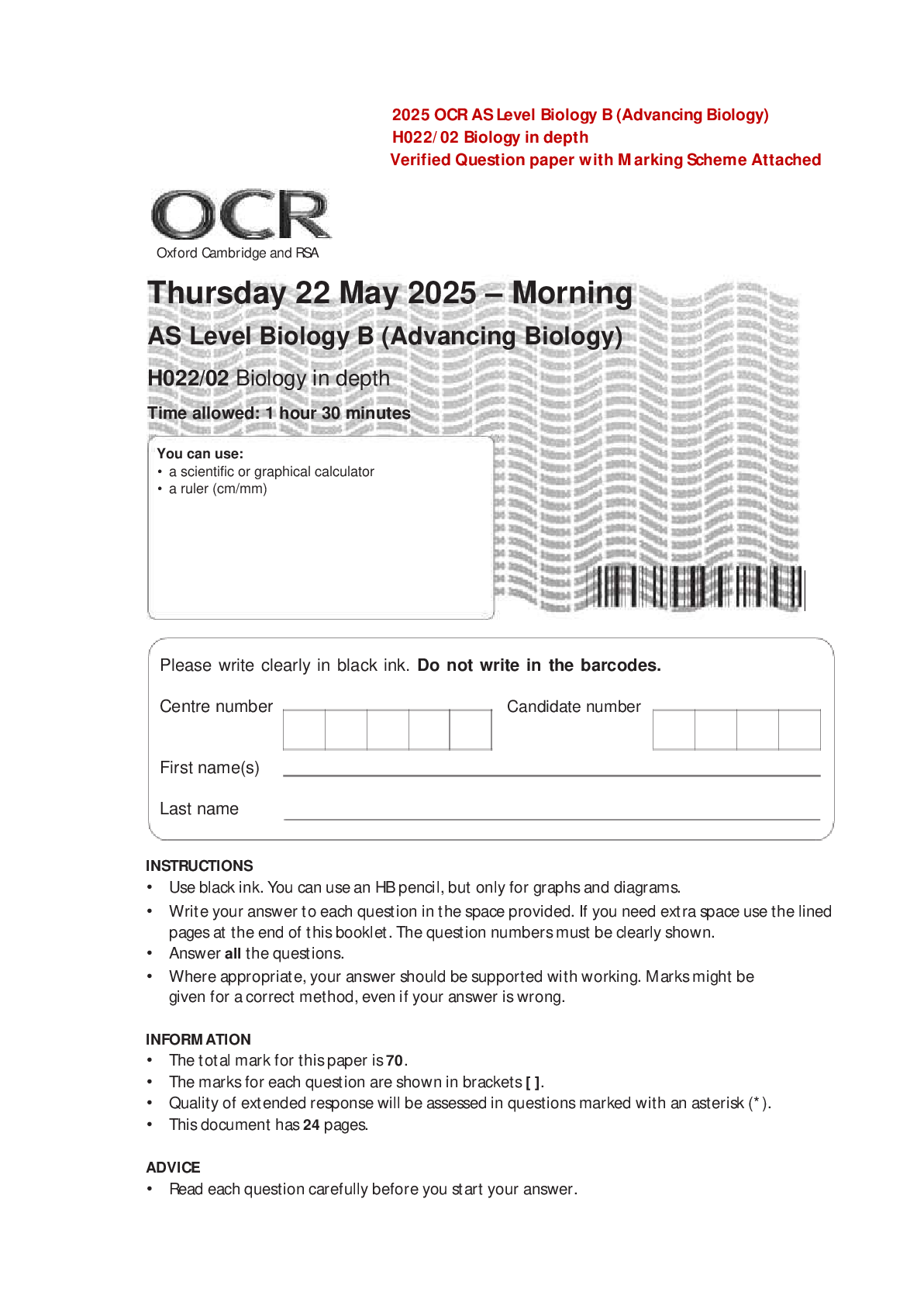 2025 OCR AS Level Biology B (Advancing Biology) H022/02 Biology in depth Verified Question paper with Marking Scheme Attached