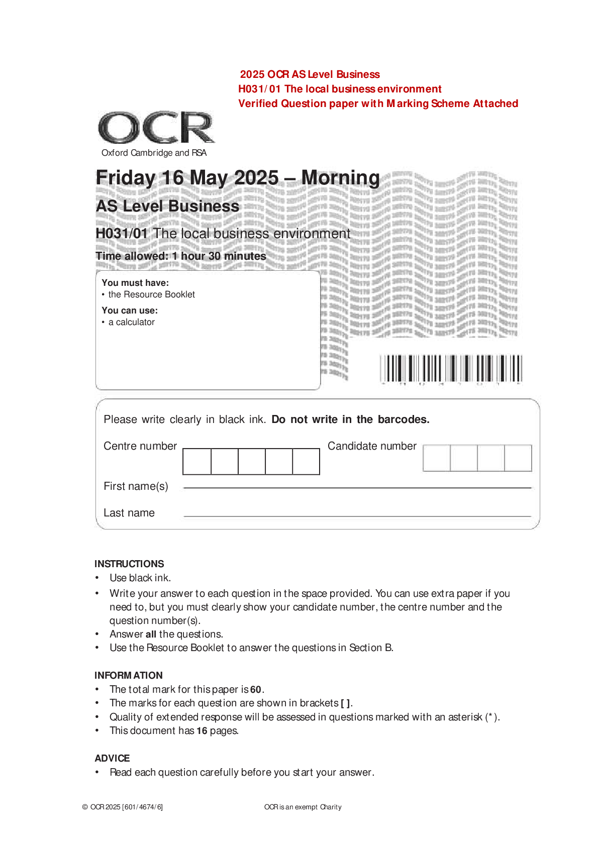 2025 OCR AS Level Business H031/01 The local business environment Verified Question paper with Marking Scheme Attached