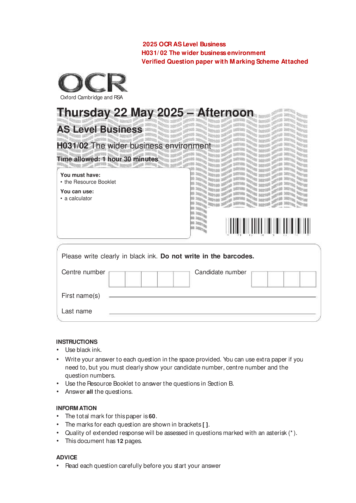 2025 OCR AS Level Business H031/02 The wider business environment Verified Question paper with Marking Scheme Attached