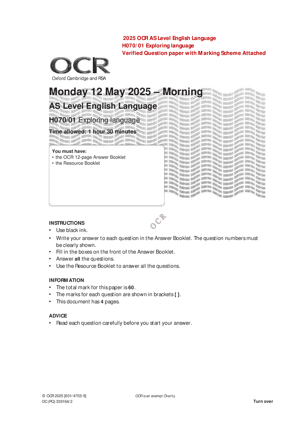 2025 OCR AS Level English Language H070/01 Exploring language Verified Question paper with Marking Scheme Attached