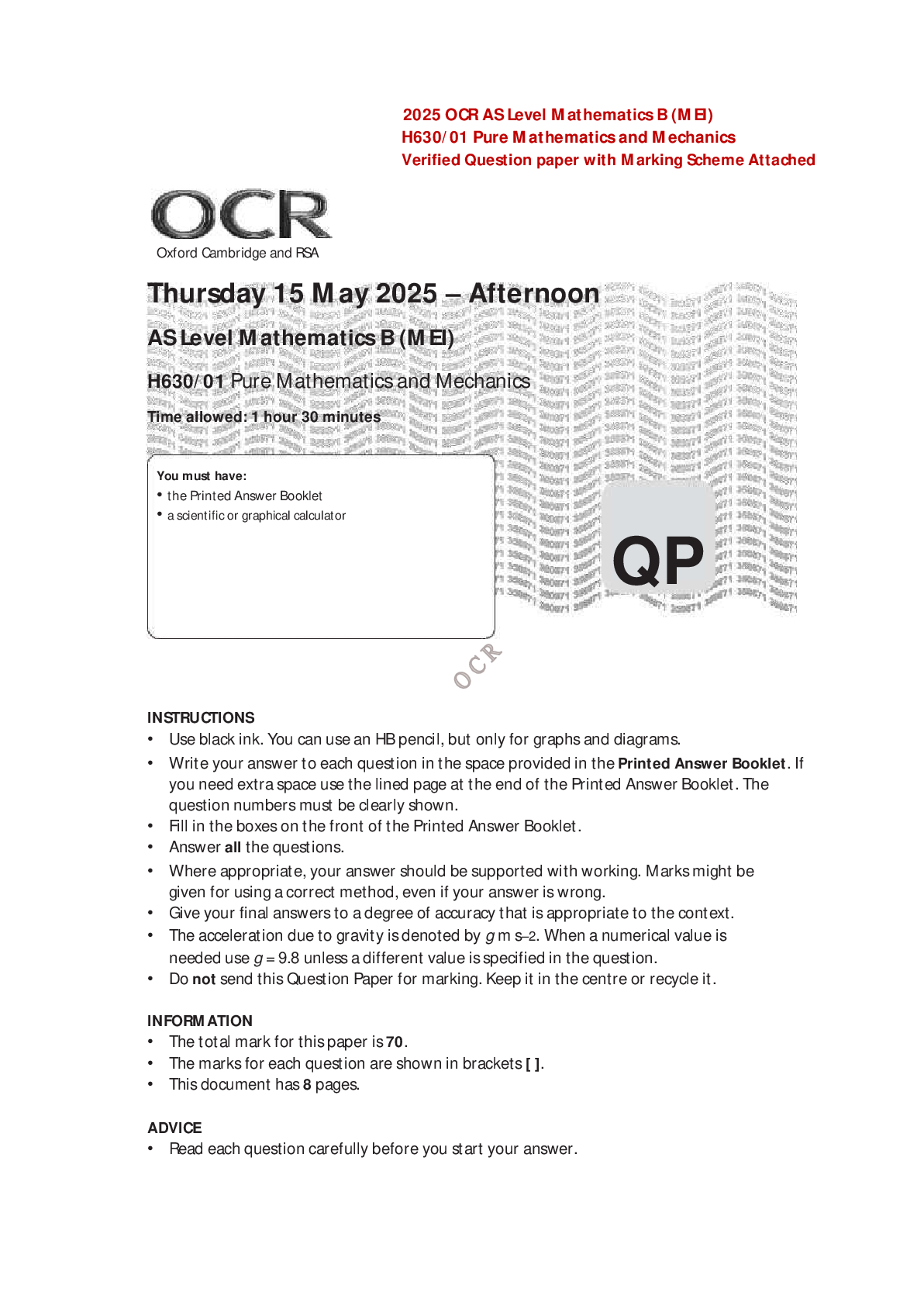 2025 OCR AS Level Mathematics B (MEI) H630/01 Pure Mathematics and Mechanics Verified Question paper with Marking Scheme Attached