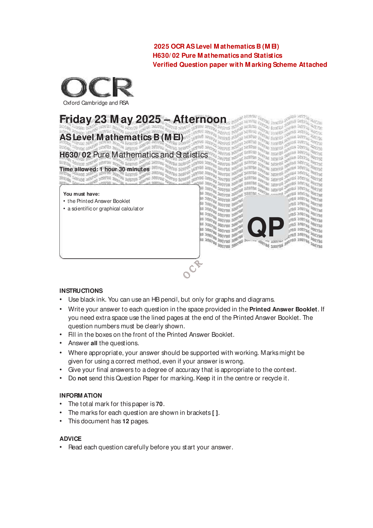 2025 OCR AS Level Mathematics B (MEI) H630/02 Pure Mathematics and Statistics Verified Question paper with Marking Scheme Attached