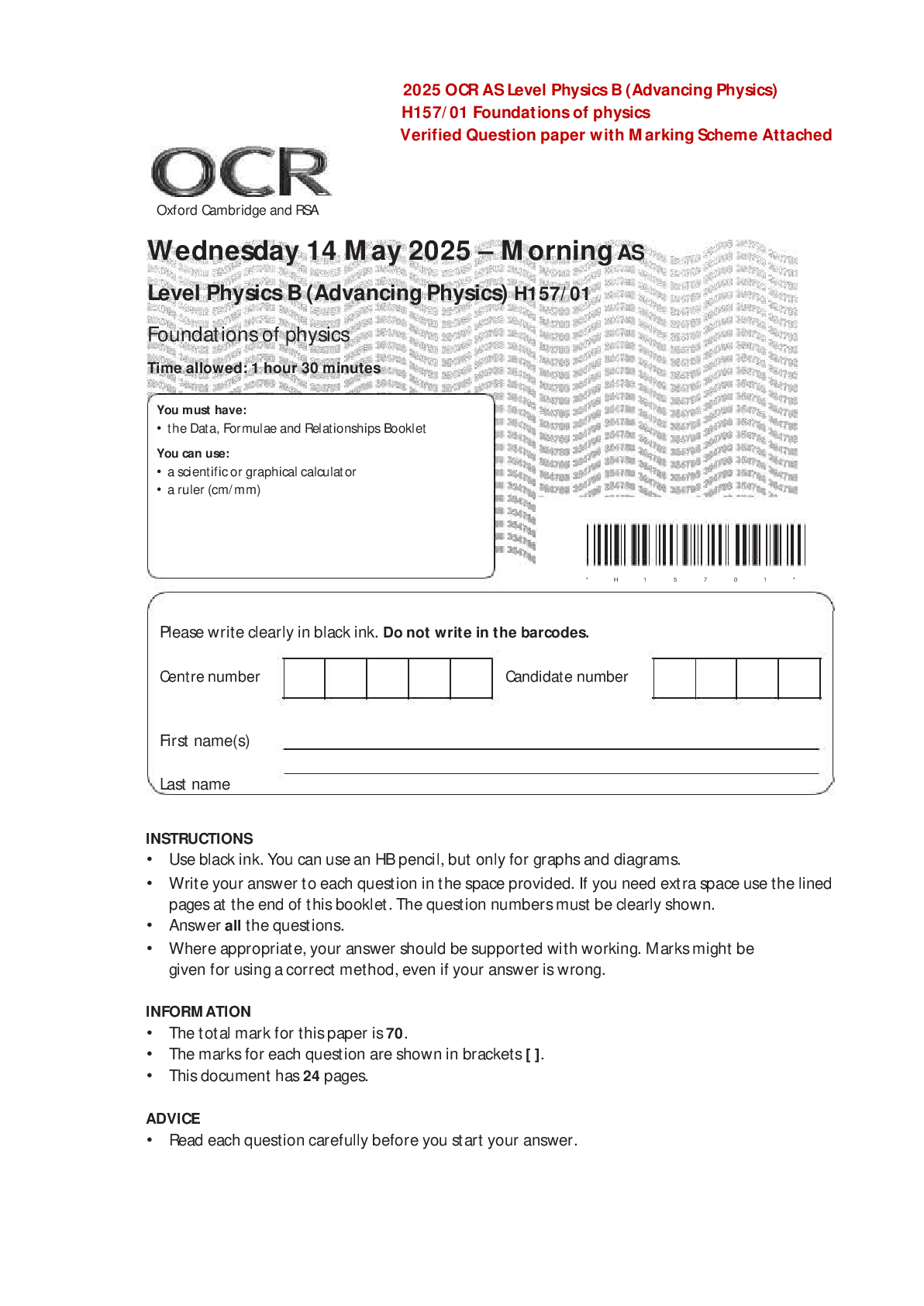 2025 OCR AS Level Physics B (Advancing Physics) H157/01 Foundations of physics Verified Question paper with Marking Scheme Attached