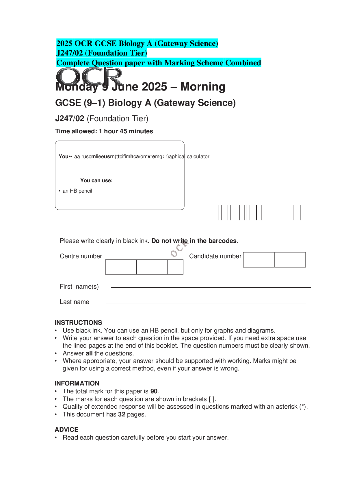2025 OCR GCSE Biology A (Gateway Science) J247/02 (Foundation Tier) Complete Question paper with Marking Scheme Combined