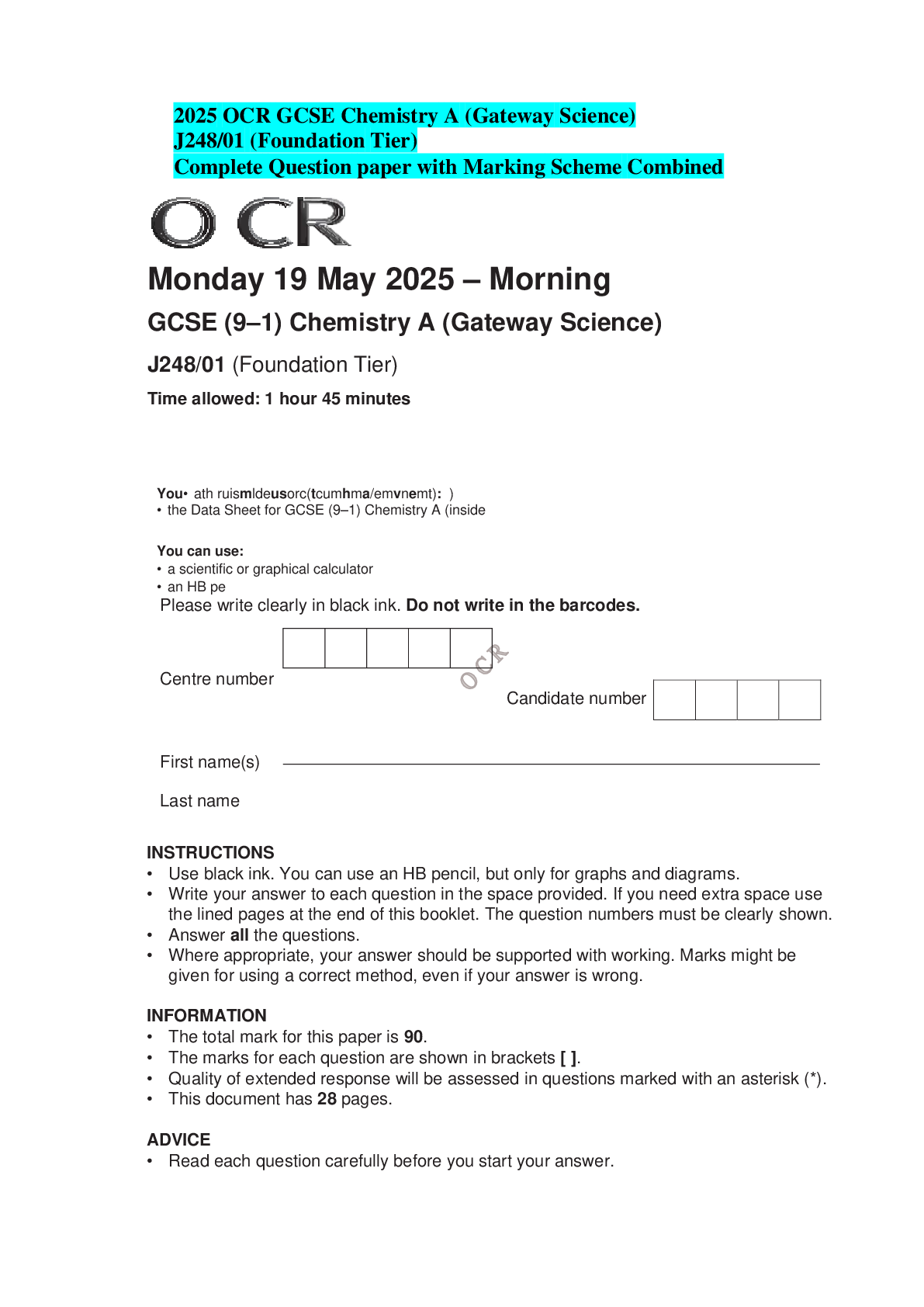 2025 OCR GCSE Chemistry A (Gateway Science) J248/01 (Foundation Tier) Complete Question paper with Marking Scheme Combined