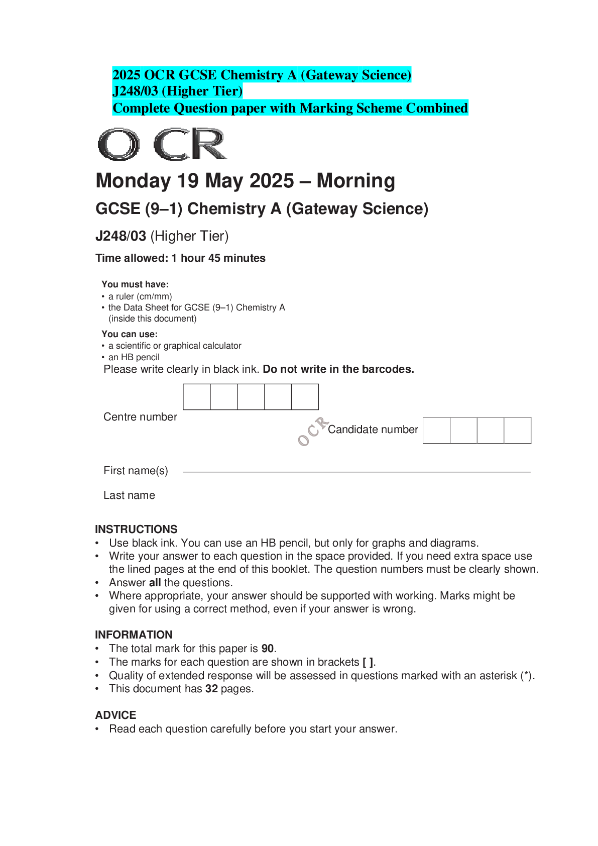 2025 OCR GCSE Chemistry A (Gateway Science) J248/03 (Higher Tier) Complete Question paper with Marking Scheme Combined