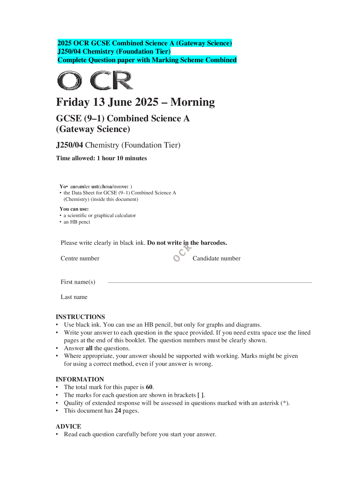 2025 OCR GCSE Combined Science A (Gateway Science) J250/04 Chemistry (Foundation Tier) Complete Question paper with Marking Scheme Combined