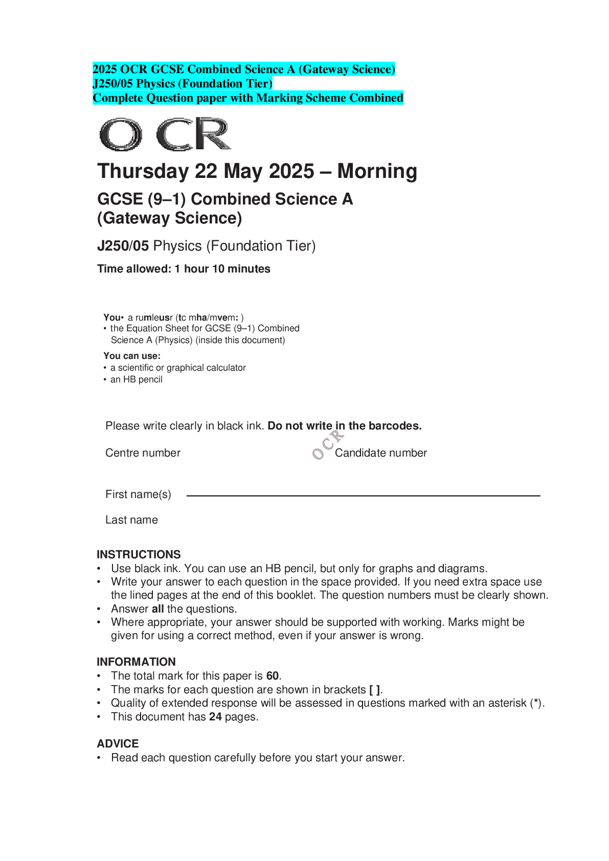 2025 OCR GCSE Combined Science A (Gateway Science) J250/05 Physics (Foundation Tier) Complete Question paper with Marking Scheme Combined