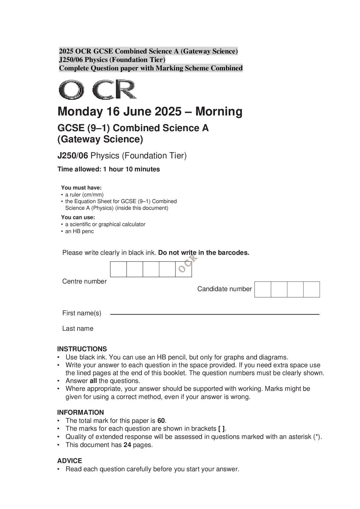 2025 OCR GCSE Combined Science A (Gateway Science) J250/06 Physics (Foundation Tier) Complete Question paper with Marking Scheme Combined