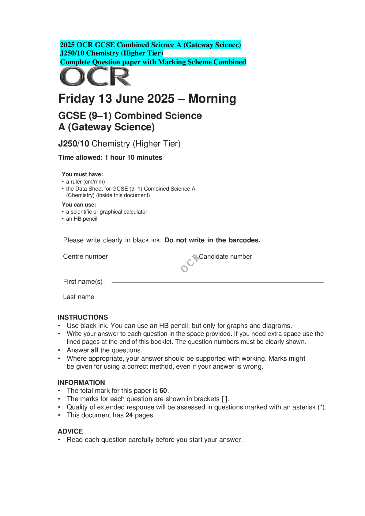 2025 OCR GCSE Combined Science A (Gateway Science) J250/10 Chemistry (Higher Tier) Complete Question paper with Marking Scheme Combined