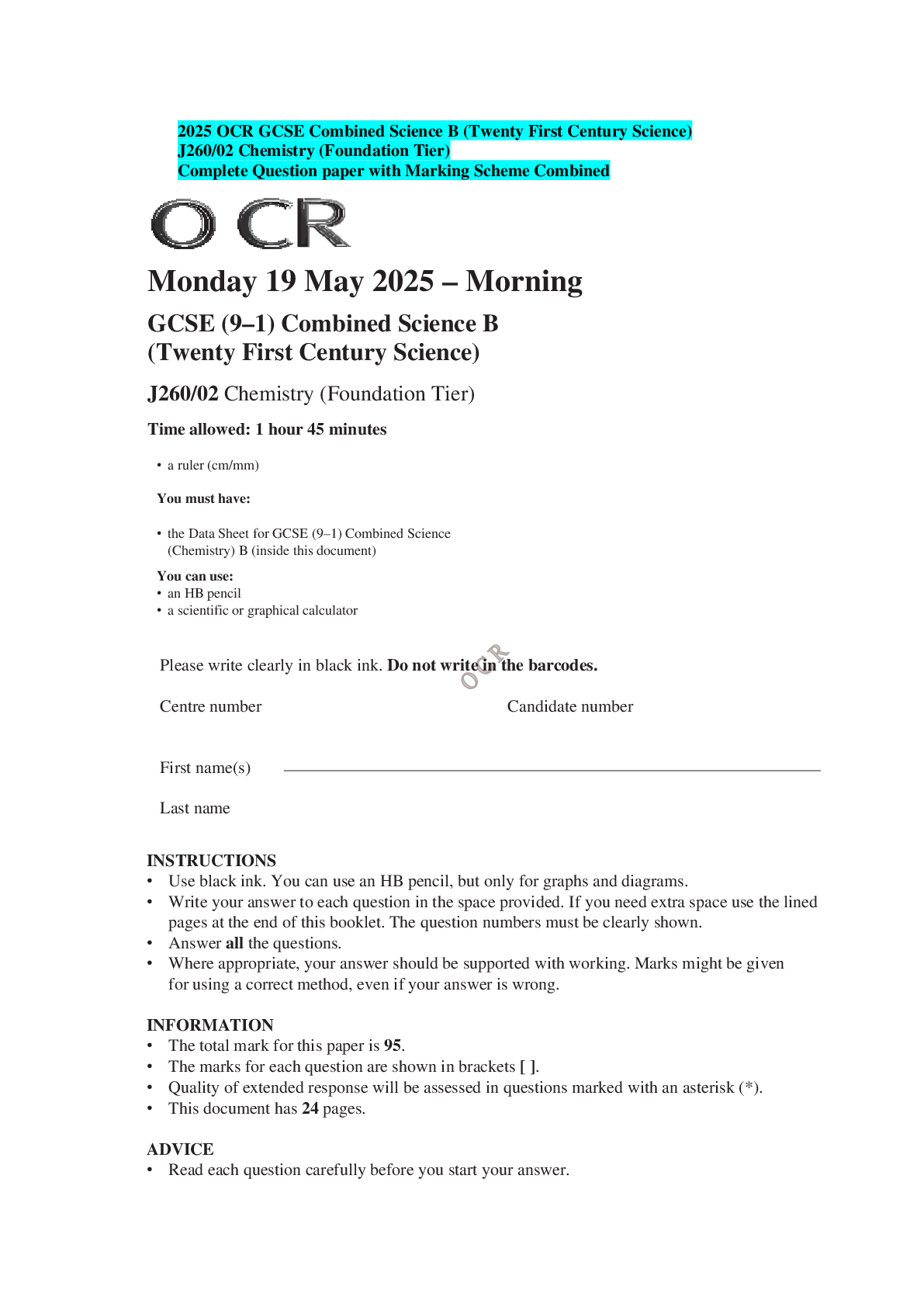 2025 OCR GCSE Combined Science B (Twenty First Century Science) J260/02 Chemistry (Foundation Tier) Complete Question paper with Marking Scheme Combined