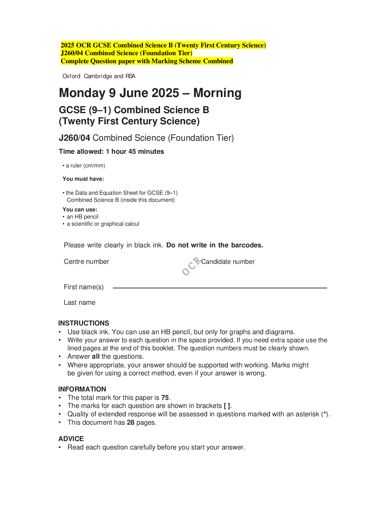 2025 OCR GCSE Combined Science B (Twenty First Century Science) J260/04 Combined Science (Foundation Tier) Complete Question paper with Marking Scheme Combined