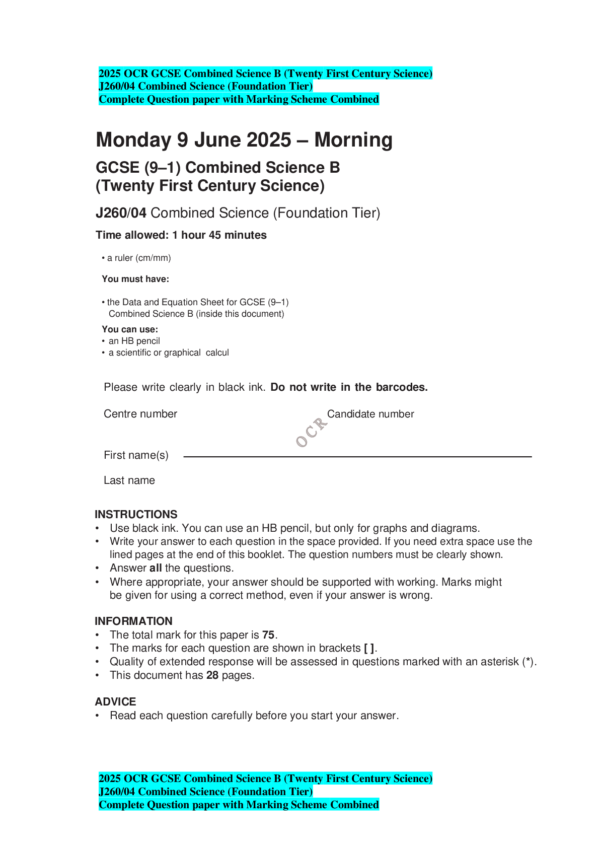2025 OCR GCSE Combined Science B J260/04 (Foundation Tier) with Marking Scheme