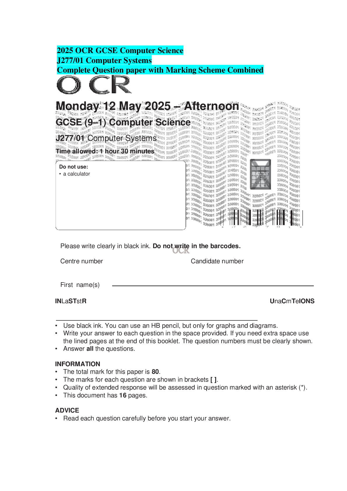 2025 OCR GCSE Computer Science J277/01 Computer Systems Complete Question paper with Marking Scheme Combined