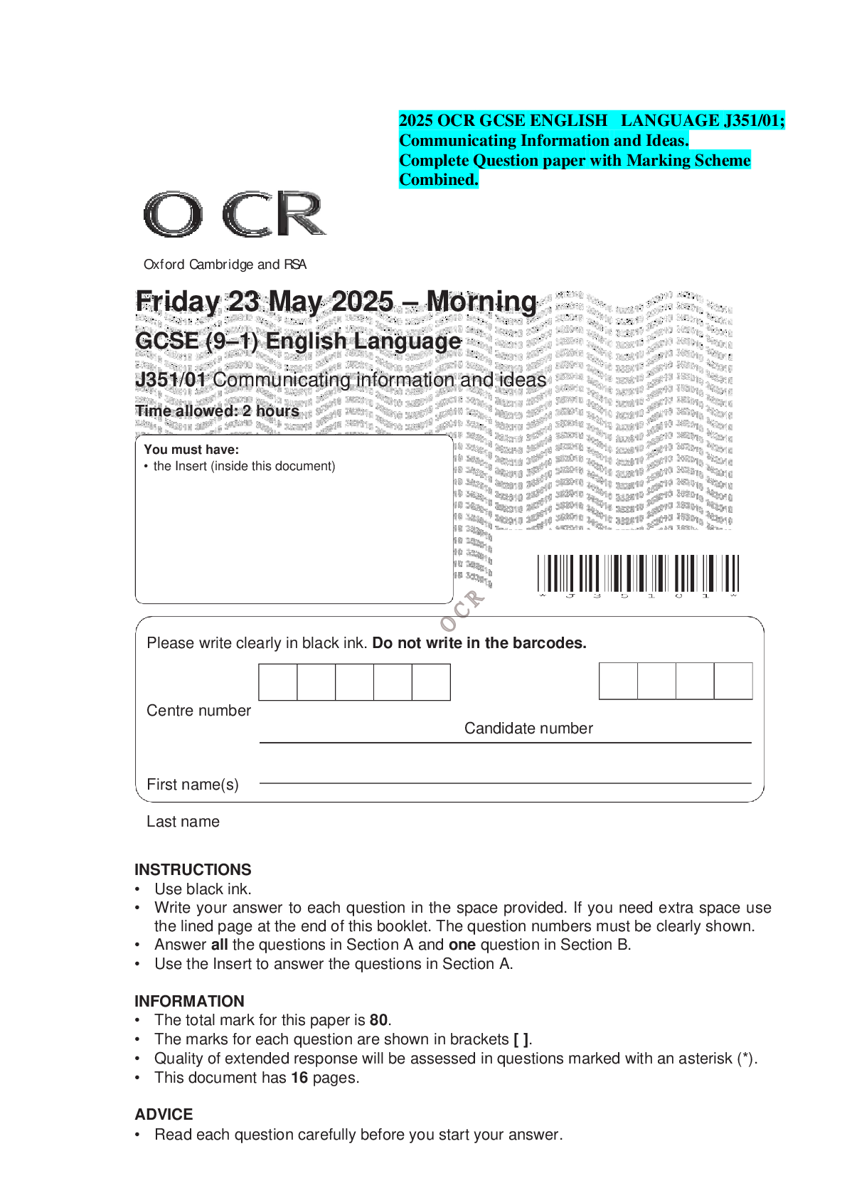 2025 OCR GCSE ENGLISH LANGUAGE J351/01; Communicating Information and Ideas. Complete Question paper with Marking Scheme Combined.