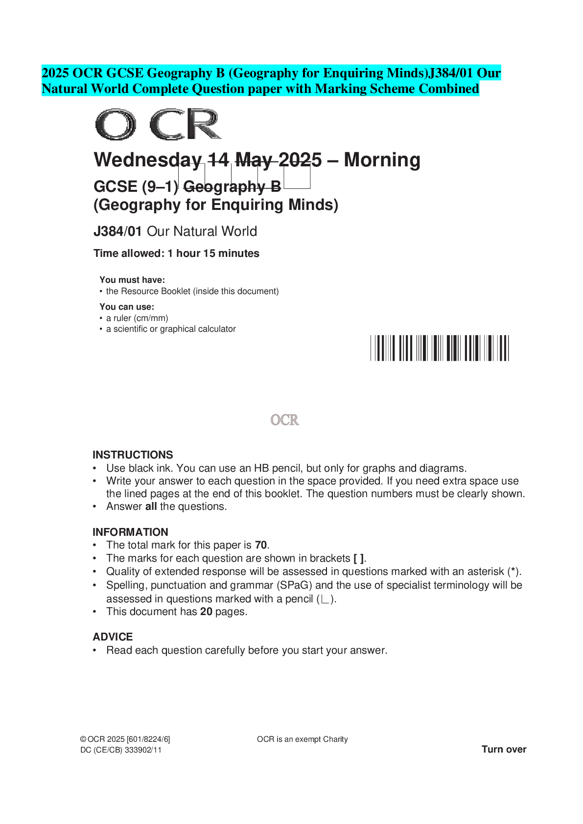 2025 OCR GCSE Geography B (Geography for Enquiring Minds)J384/01 Our Natural World Complete Question paper with Marking Scheme Combined