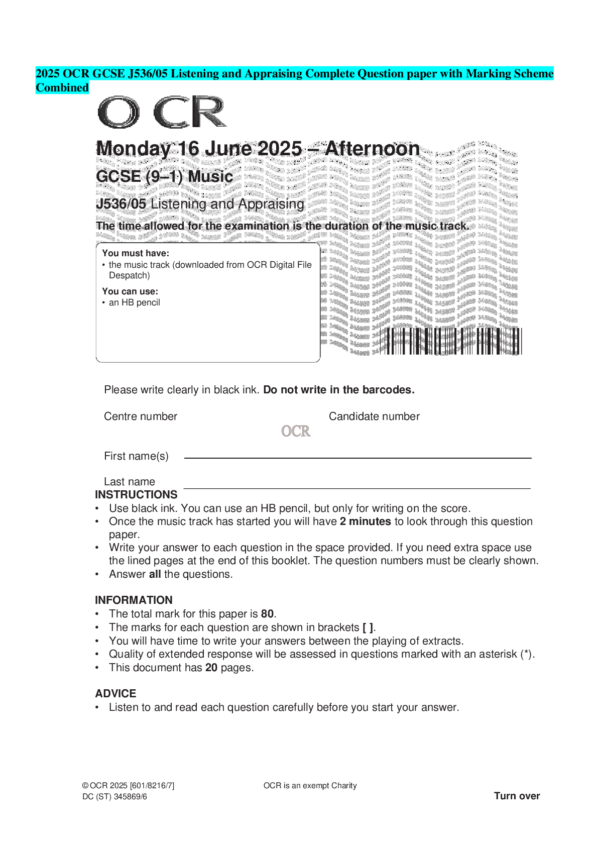 2025 OCR GCSE J536/05 Listening and Appraising Complete Question paper with Marking Scheme Combined