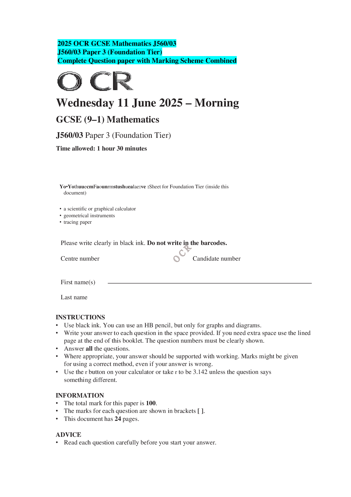 2025 OCR GCSE Mathematics J560/03 J560/03 Paper 3 (Foundation Tier) Complete Question paper with Marking Scheme Combined