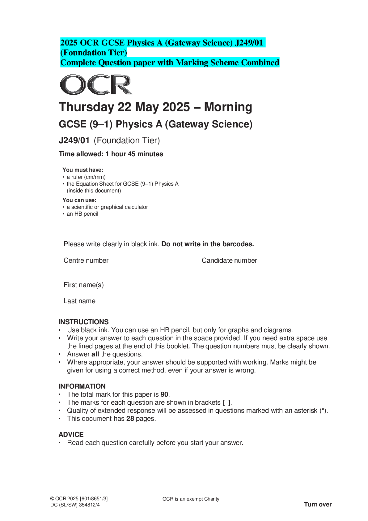 2025 OCR GCSE Physics A (Gateway Science) J249/01 (Foundation Tier) Complete Question paper with Marking Scheme Combined