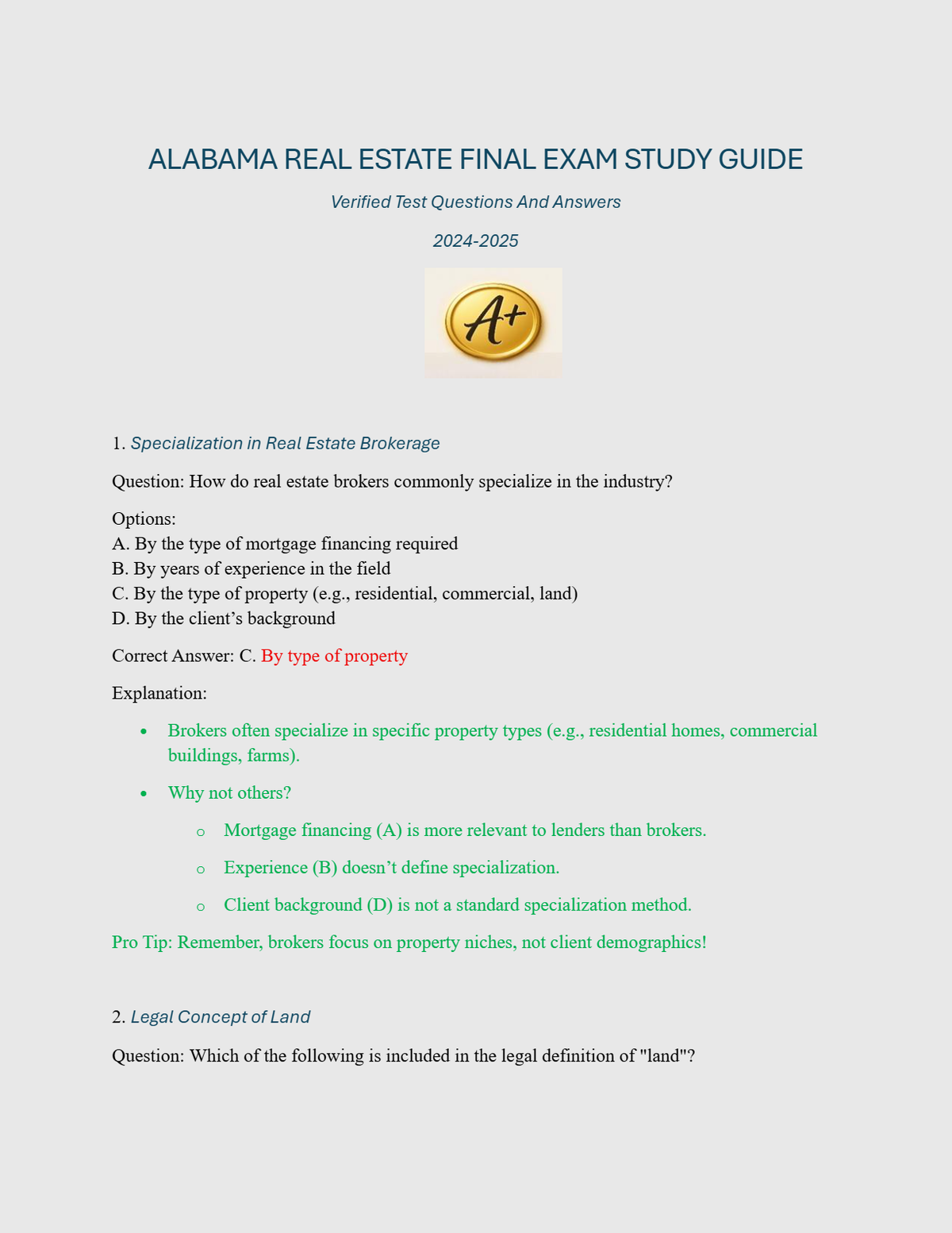 ALABAMA REAL ESTATE FINAL EXAM STUDY GUIDE Verified Test Questions And Answers 2024-2025