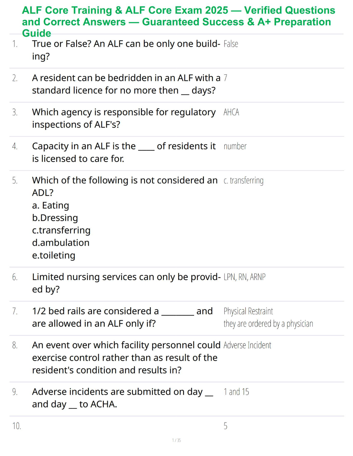ALF Core Training & ALF Core Exam 2025 — Verified Questions and Correct Answers — Guaranteed Success & A+ Preparation Guide