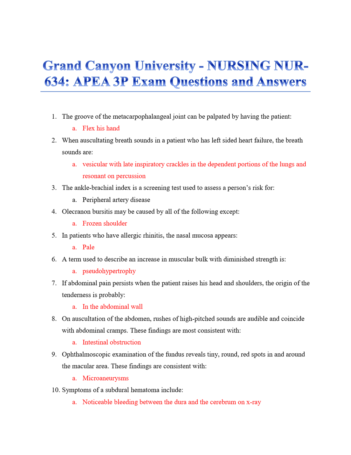 APEA 3P Exam NUR 634 Grand Canyon University. | Contains 150 Commonly Tested Questions and Answers.
