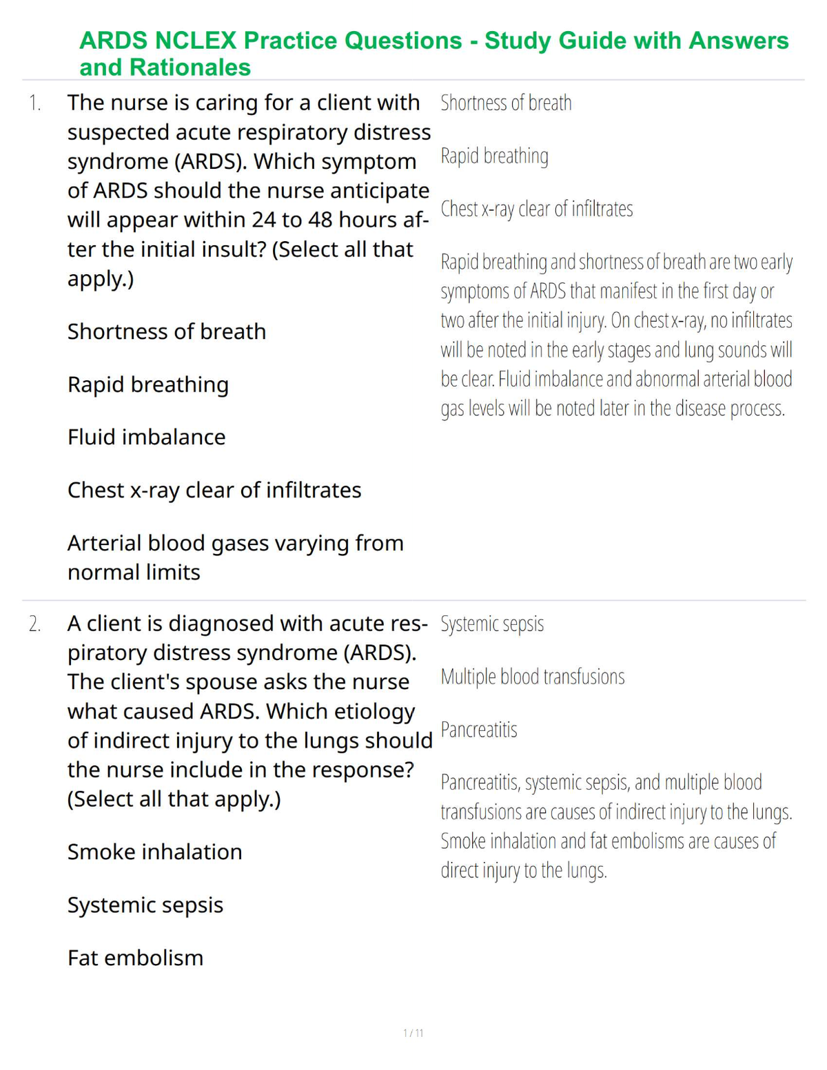 ARDS NCLEX Practice Questions - Study Guide with Answers and Rationales
