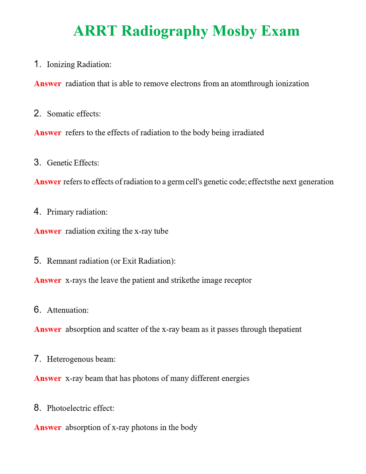 ARRT Radiography Mosby Exam | Actual Questions and Verified Answers ( Included ) 100% Correct
