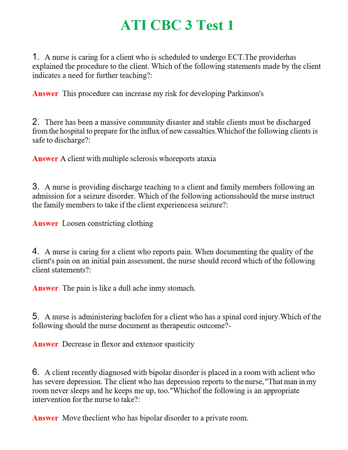 ATI CBC 3 Test 1 Questions With Complete Grade A+ Answers