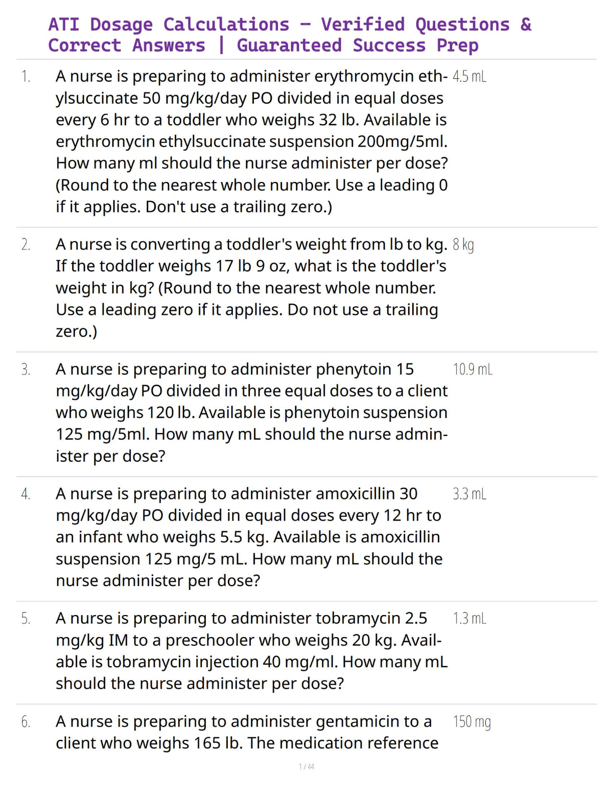 ATI Dosage Calculations – Verified Questions & Correct Answers | Guaranteed Success Prep