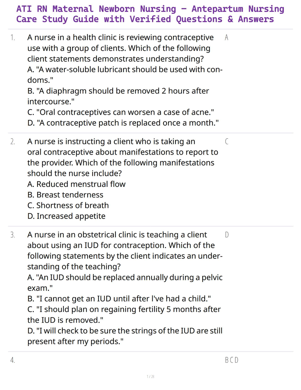 ATI RN Maternal Newborn Nursing – Antepartum Nursing Care Study Guide with Verified Questions & Answers