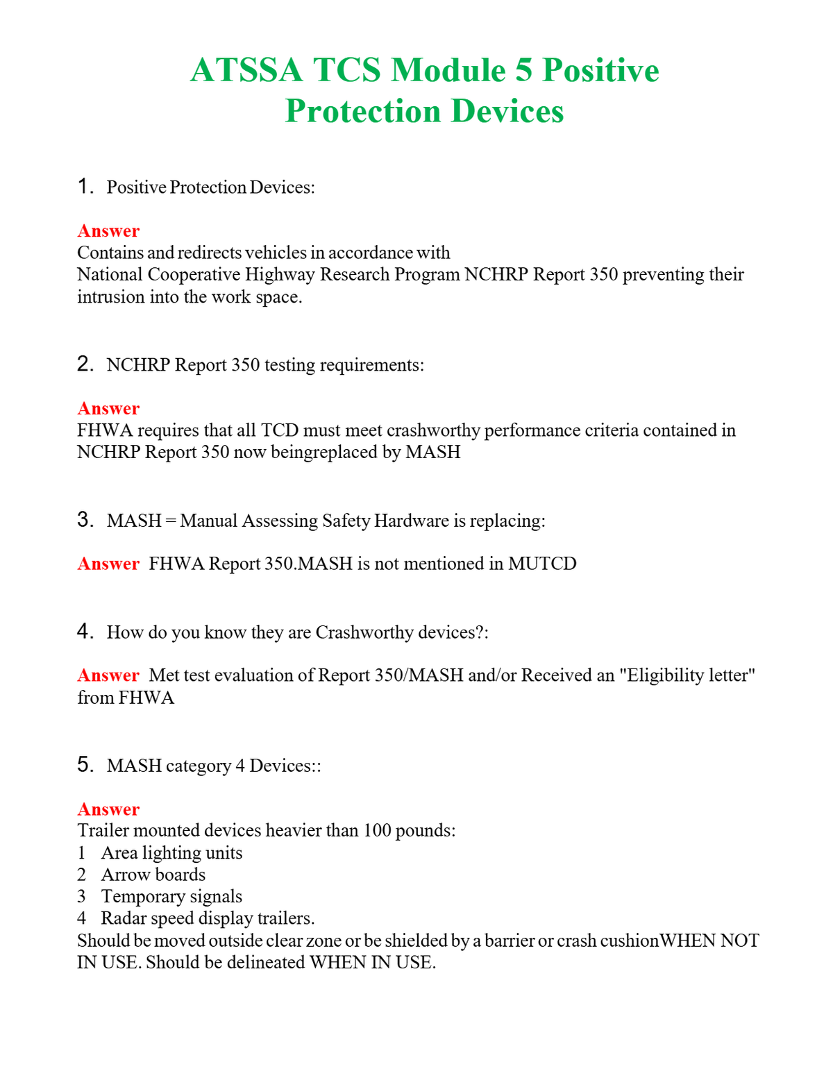 ATSSA TCS Module 5 Positive Protection Devices | Actual Questions and Verified Answers ( Included ) 100% Correct