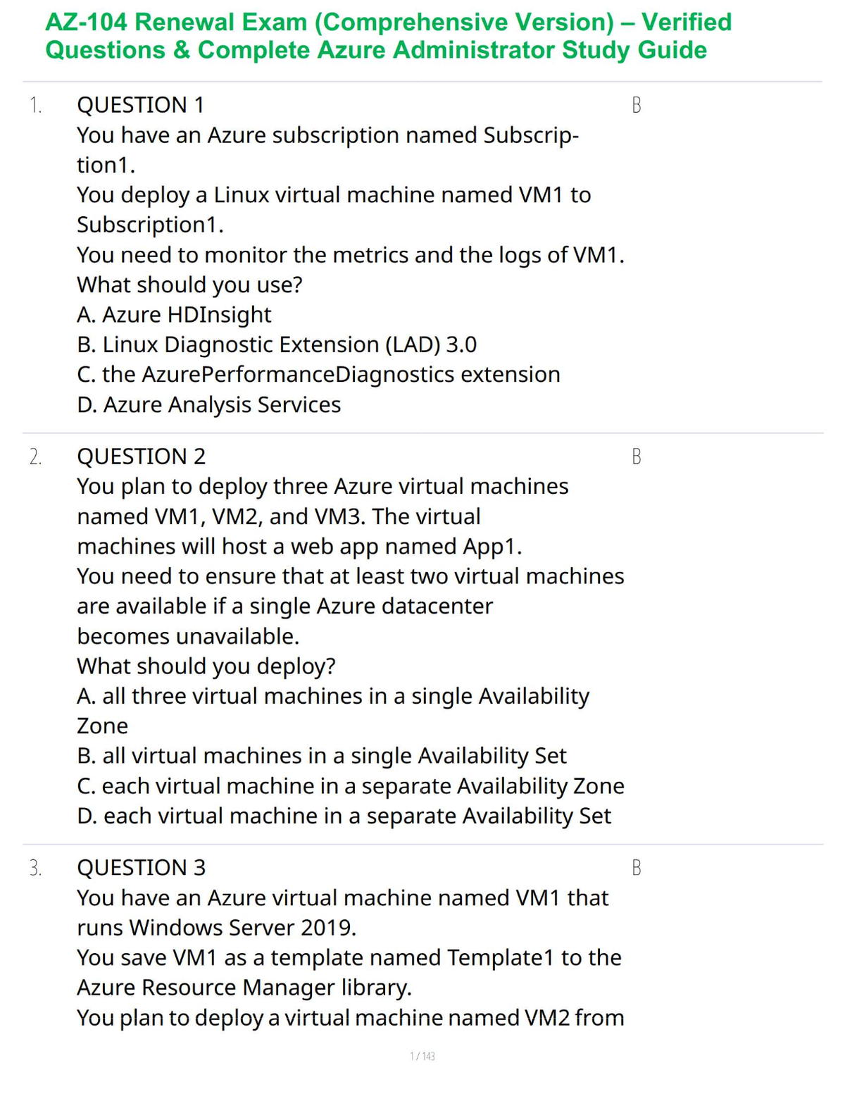 AZ-104 Renewal Exam (Comprehensive Version) – Verified Questions & Complete Azure Administrator Study Guide