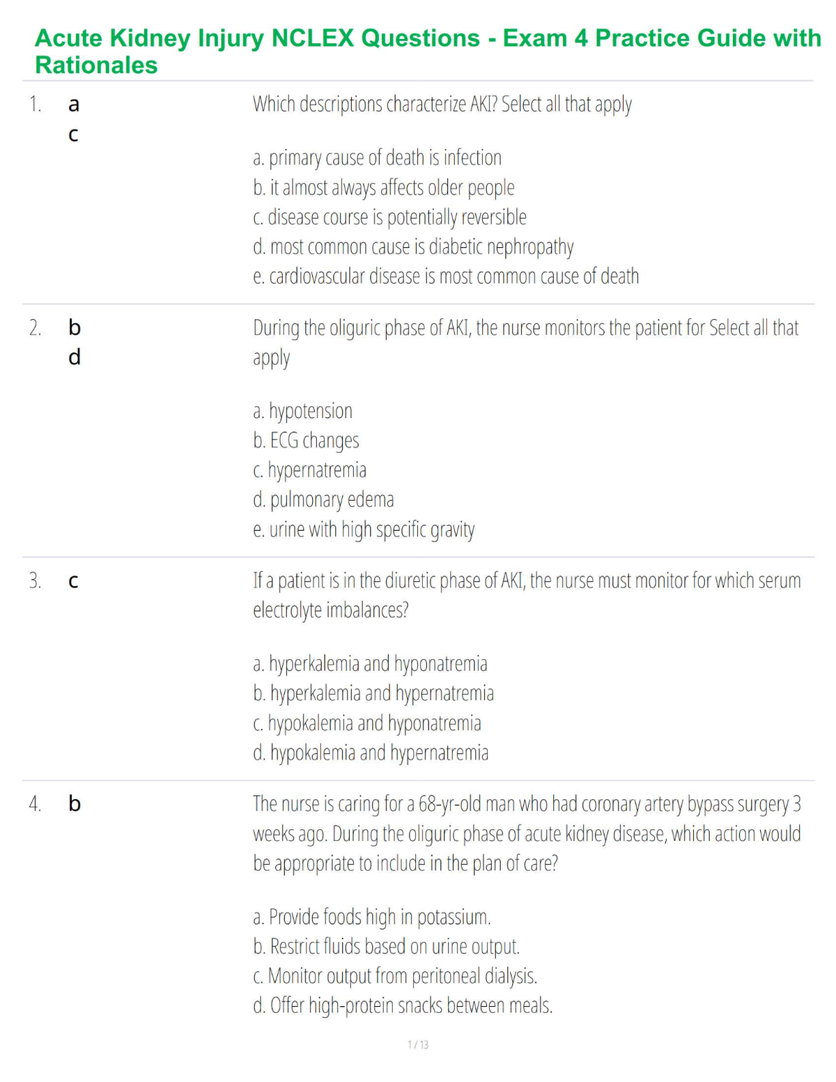 Acute Kidney Injury NCLEX Questions - Exam 4 Practice Guide with Rationales