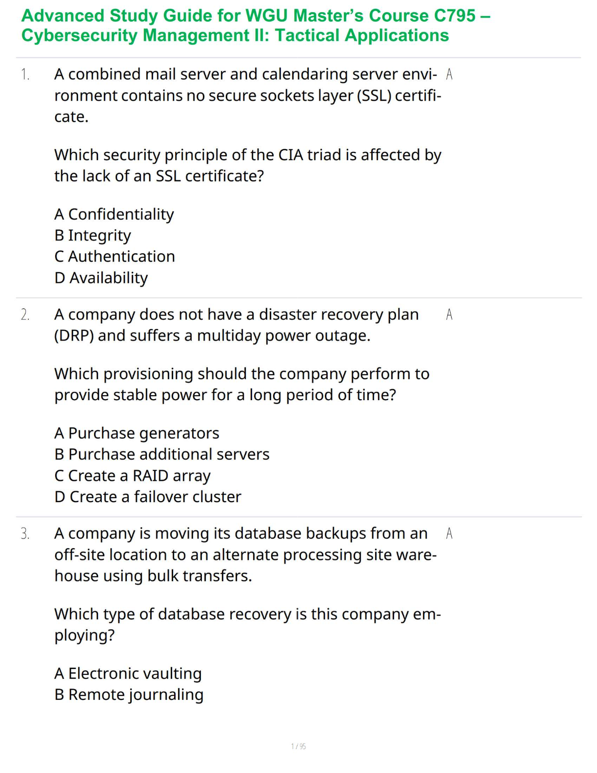 Advanced Study Guide for WGU Master’s Course C795 – Cybersecurity Management II: Tactical Applications