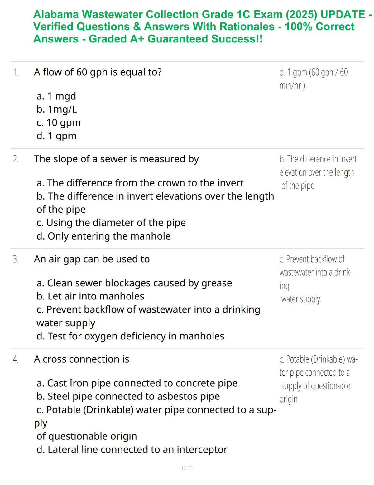 Alabama Wastewater Collection Grade 1C Exam (2025) UPDATE - Verified Questions & Answers - With 100% Correct Answers - Graded A+ Guaranteed Success!!