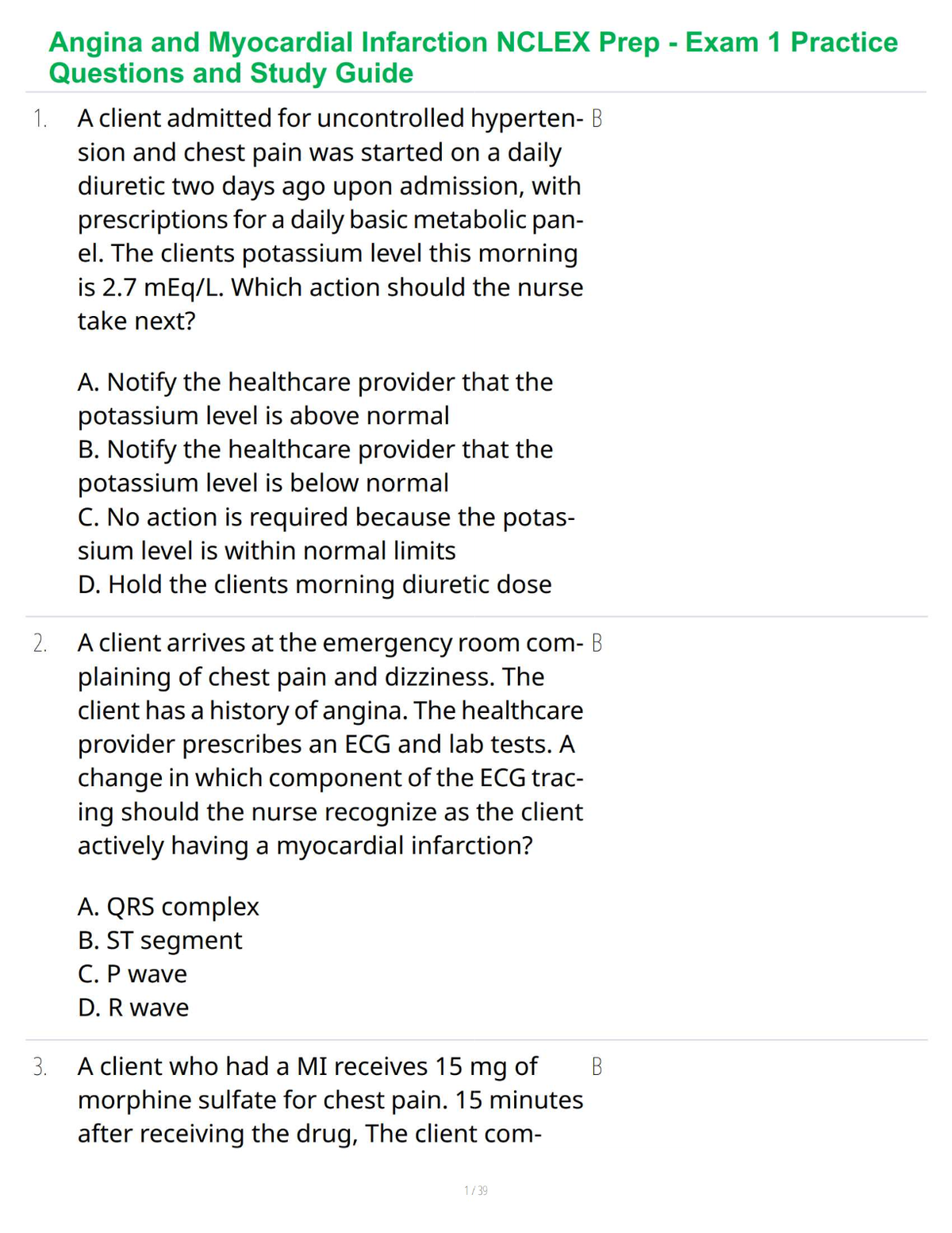 Angina and Myocardial Infarction NCLEX Prep - Exam 1 Practice Questions and Study Guide