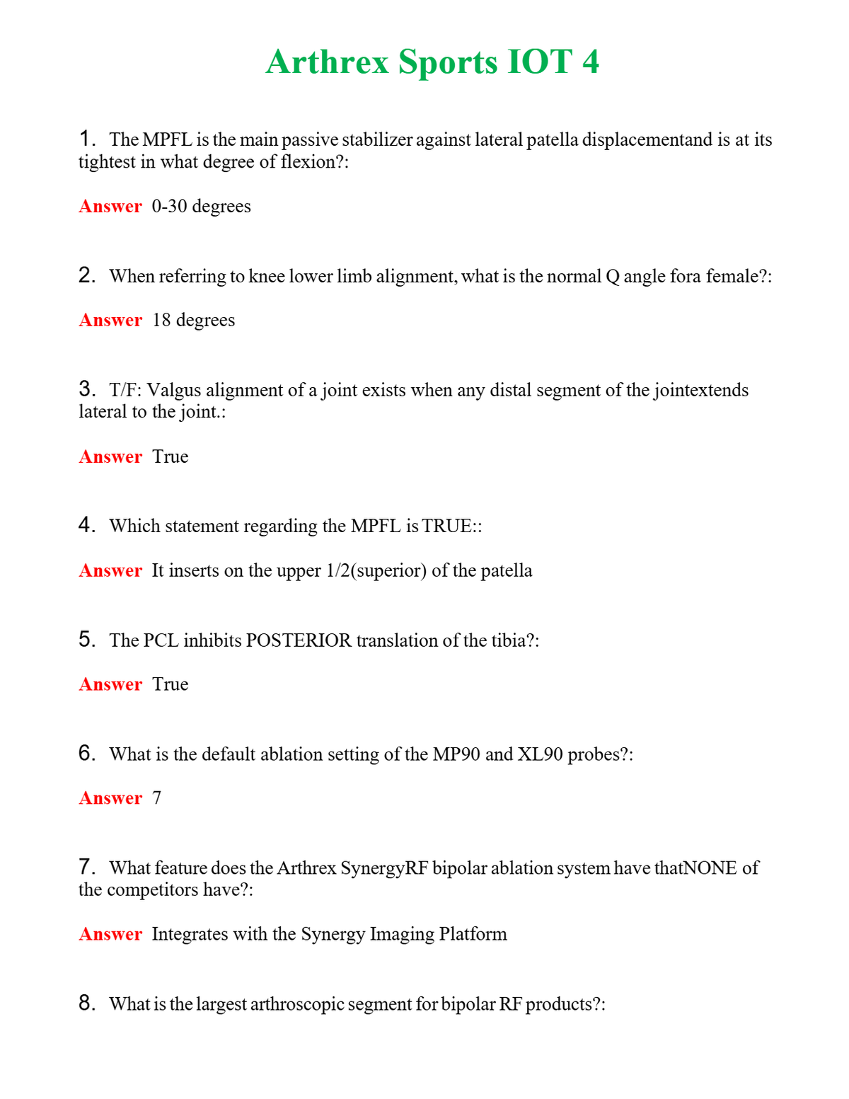Arthrex Sports IOT 4 | Actual Questions and Verified Answers ( Included ) 100% Correct