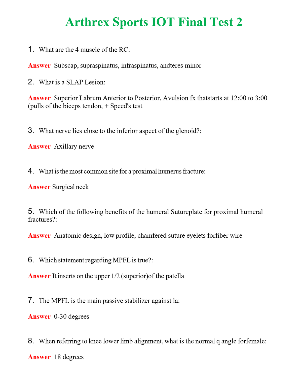 Arthrex Sports IOT Final Test 2 | Actual Questions and Verified Answers ( Included ) 100% Correct