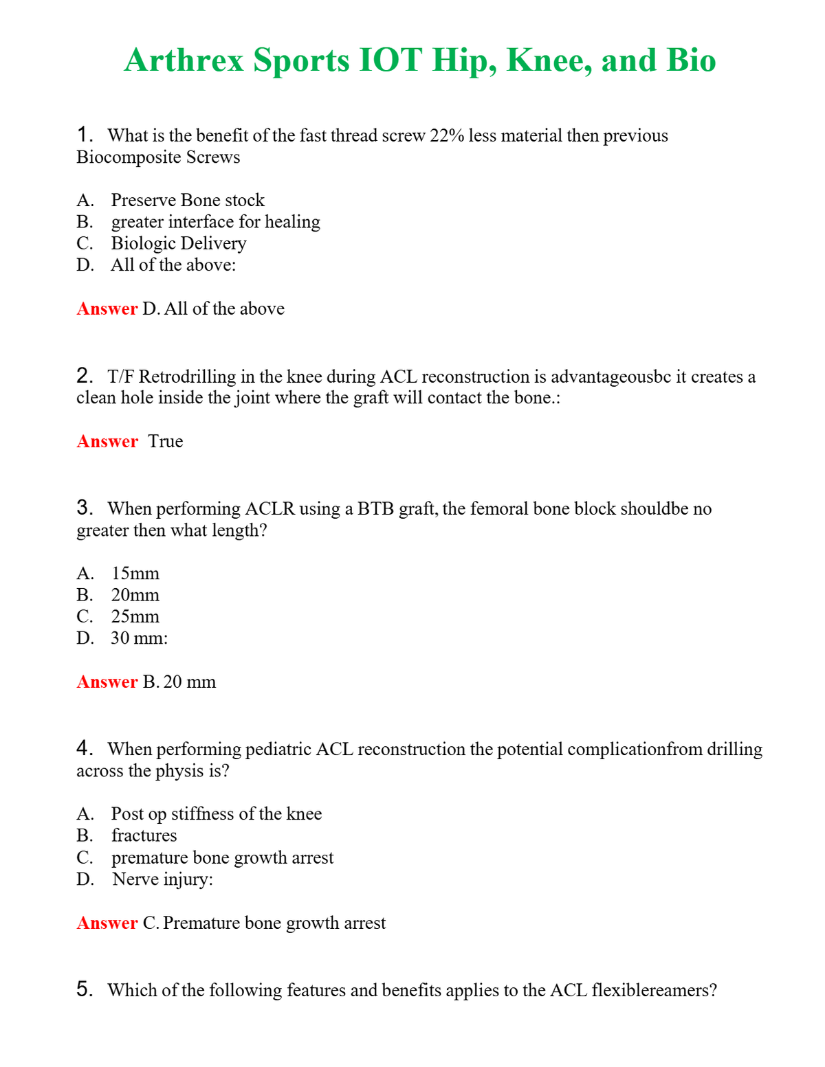 Arthrex Sports IOT Hip, Knee, and Bio | Actual Questions and Verified Answers ( Included ) 100% Correct