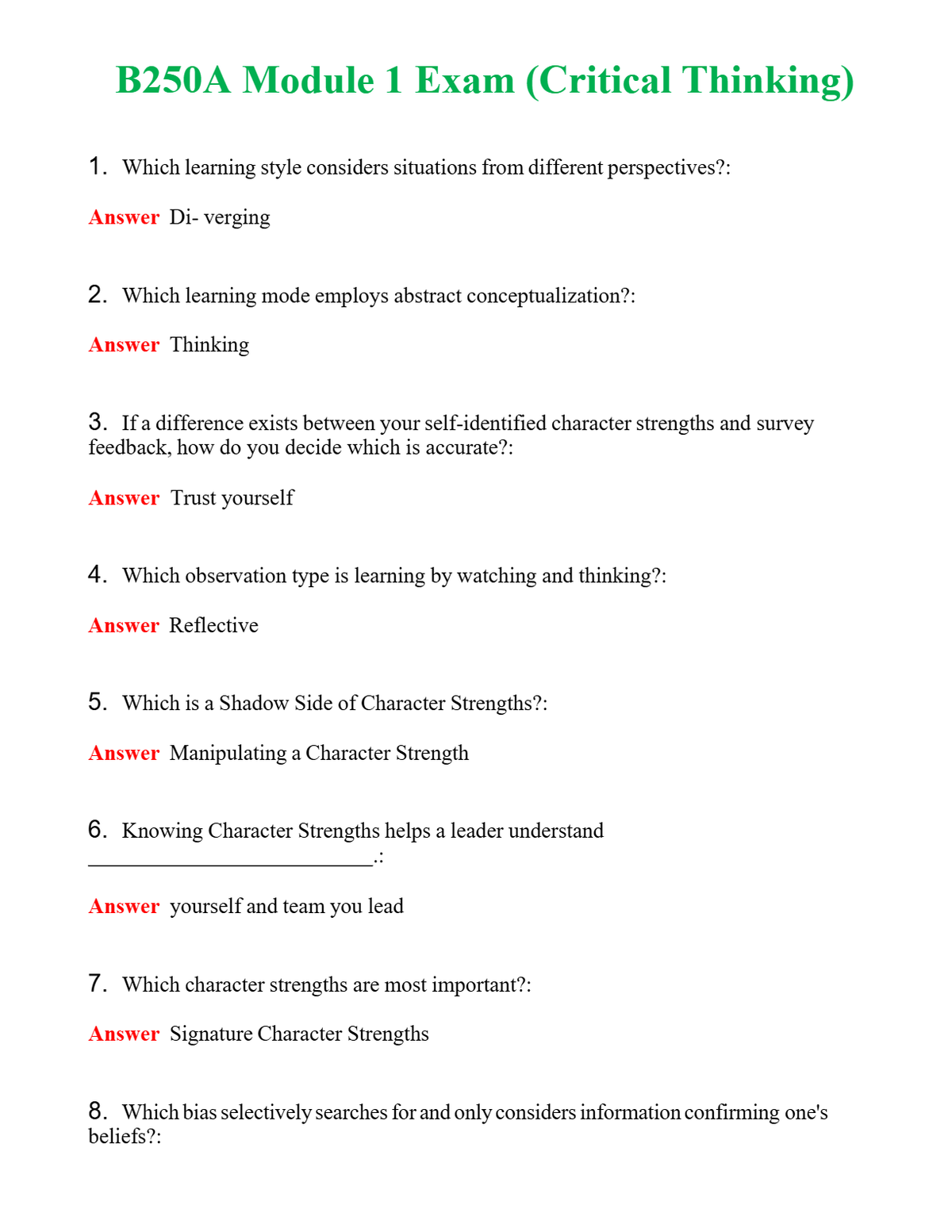 B250A Module 1 Exam (Critical Thinking) Questions With Complete Grade A+ Answers