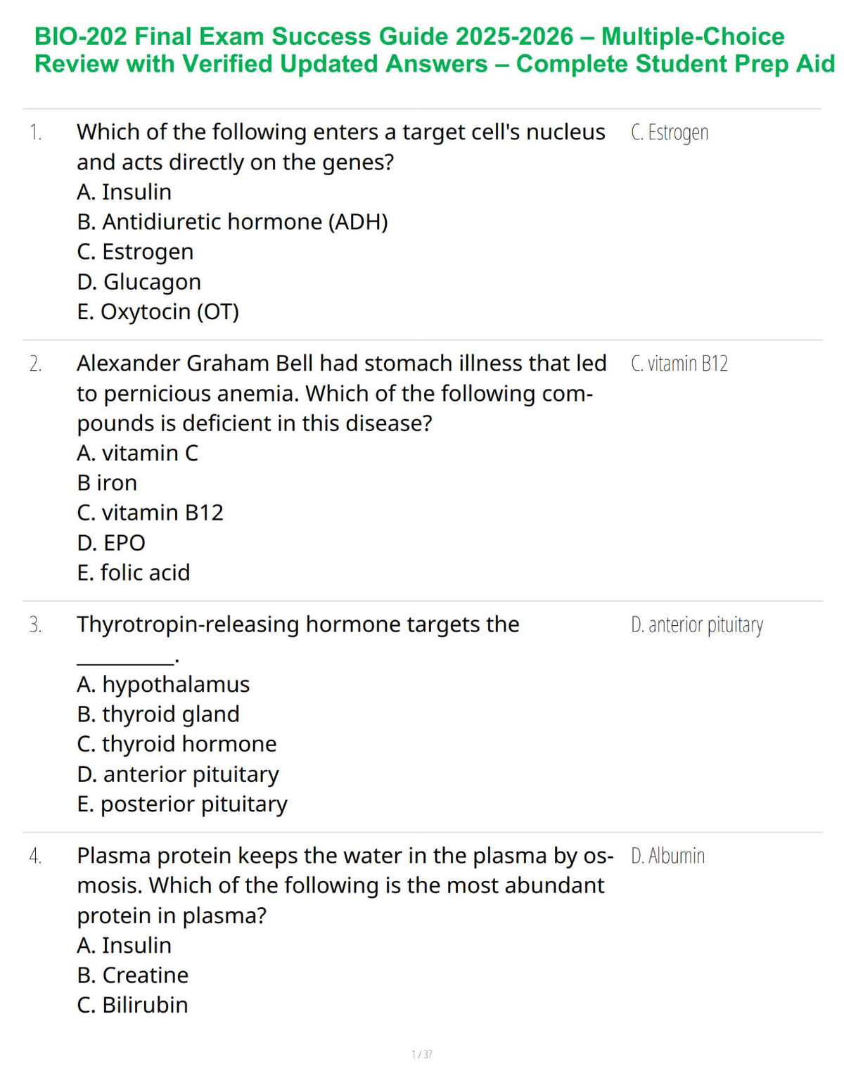 BIO-202 Final Exam Success Guide 2025-2026 – Multiple-Choice Review with Verified Updated Answers – Complete Student Prep Aid
