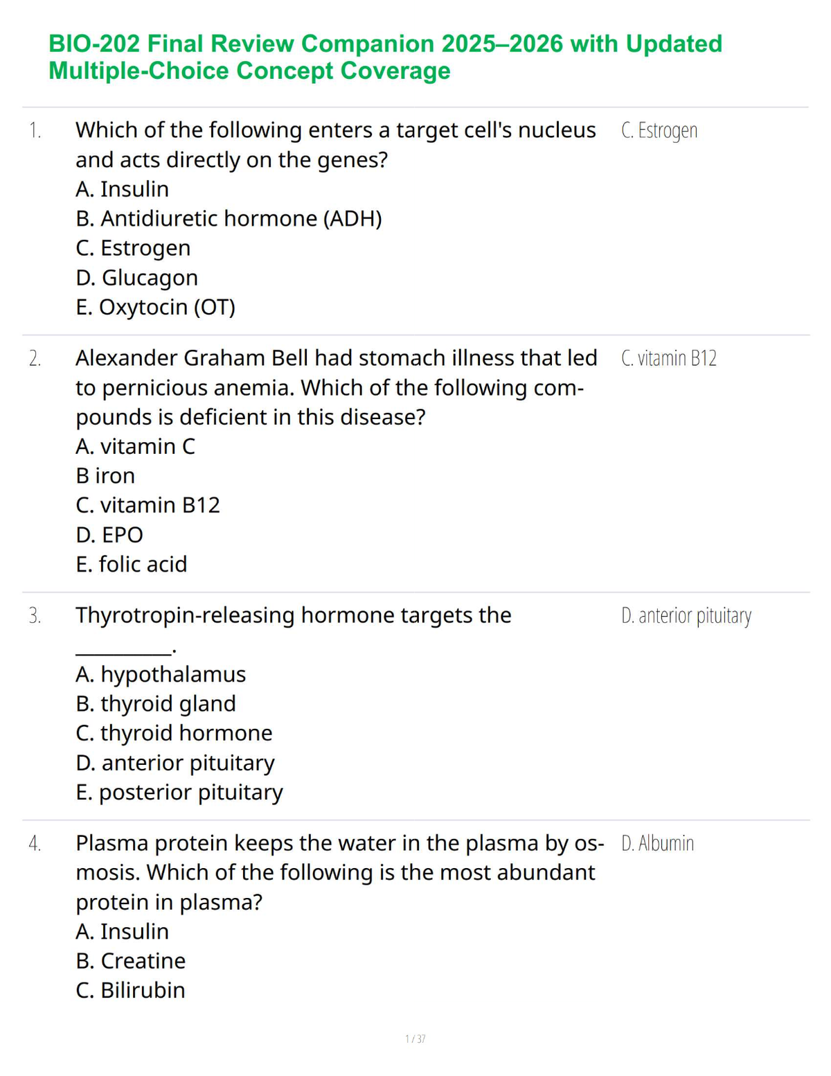BIO-202 Final Review Companion 2025–2026 with Updated Multiple-Choice Concept Coverage