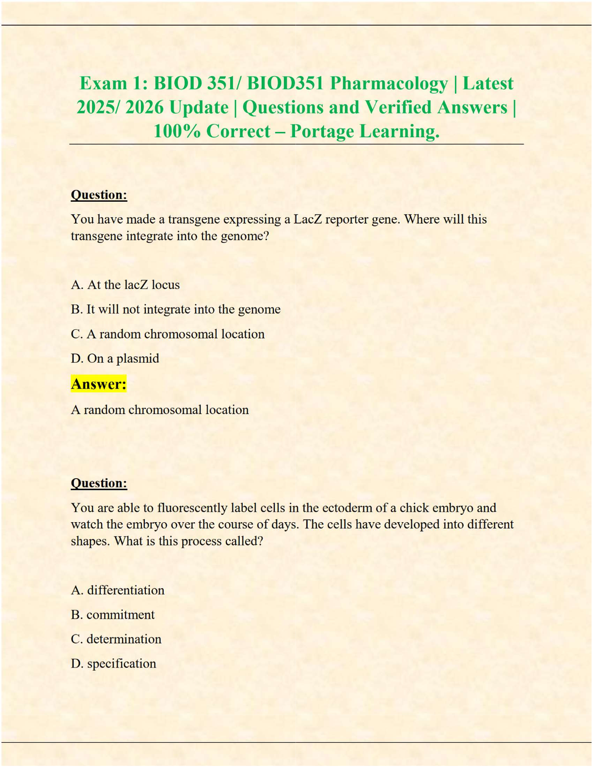 BIOD 351 Pharmacology Exam 1 (Latest 2025/2026 Update) | Verified Questions & Answers | 100% Correct – Portage Learning