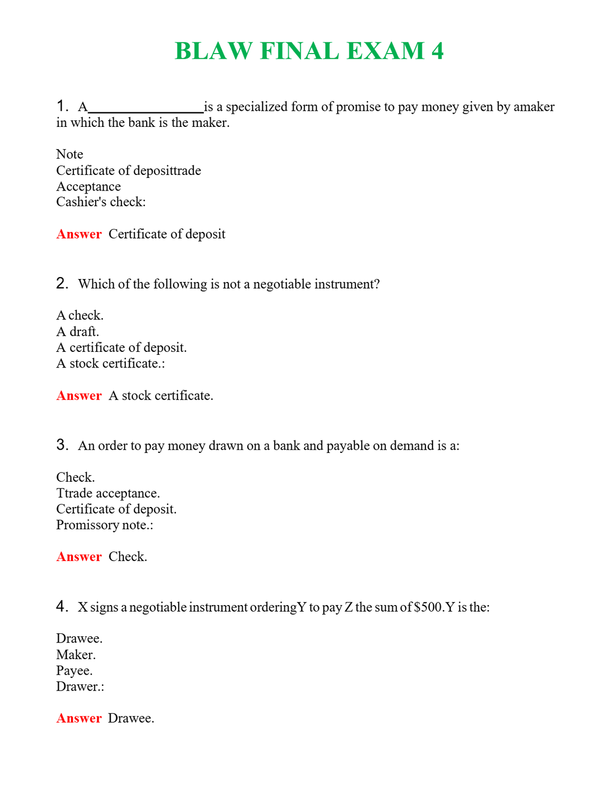 BLAW FINAL EXAM 4 | Actual Questions and Verified Answers ( Included ) 100% Correct
