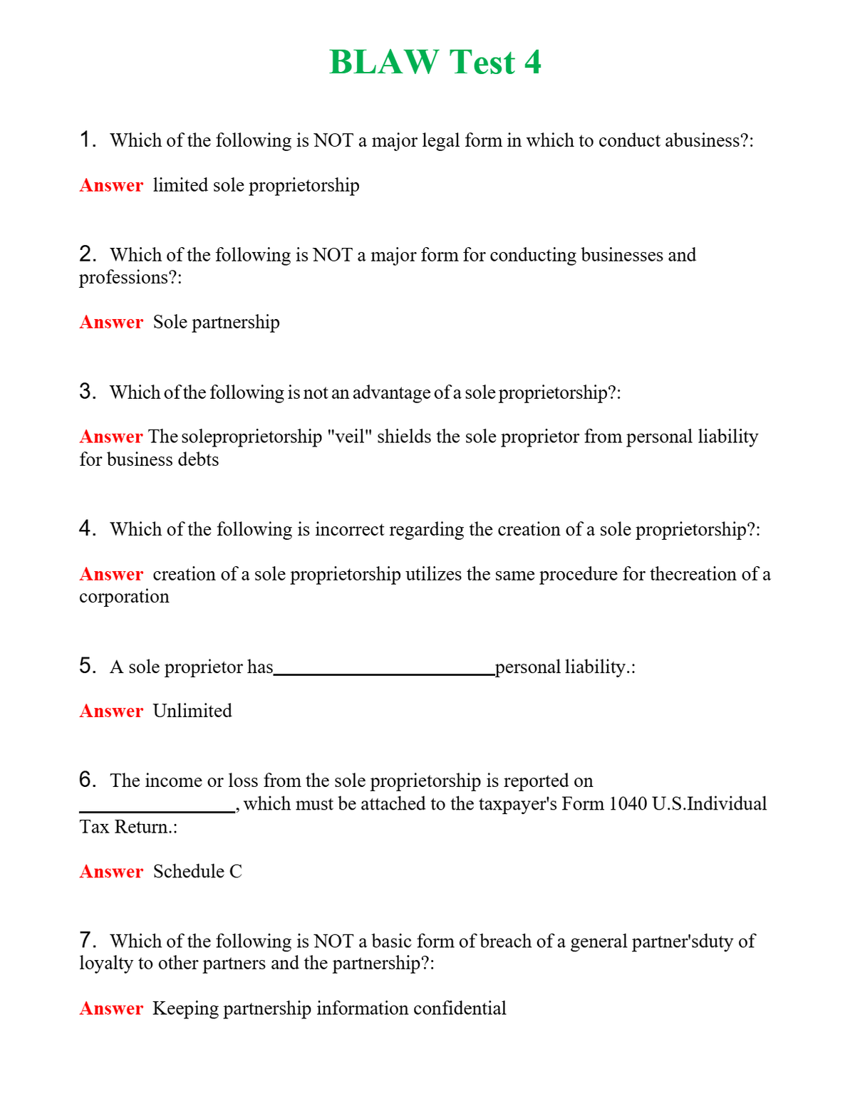 BLAW Test 4 | Actual Questions and Verified Answers ( Included ) 100% Correct