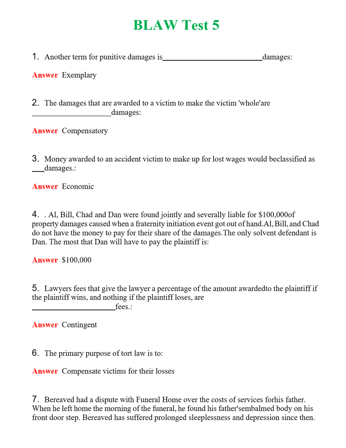 BLAW Test 5 | Actual Questions and Verified Answers ( Included ) 100% Correct