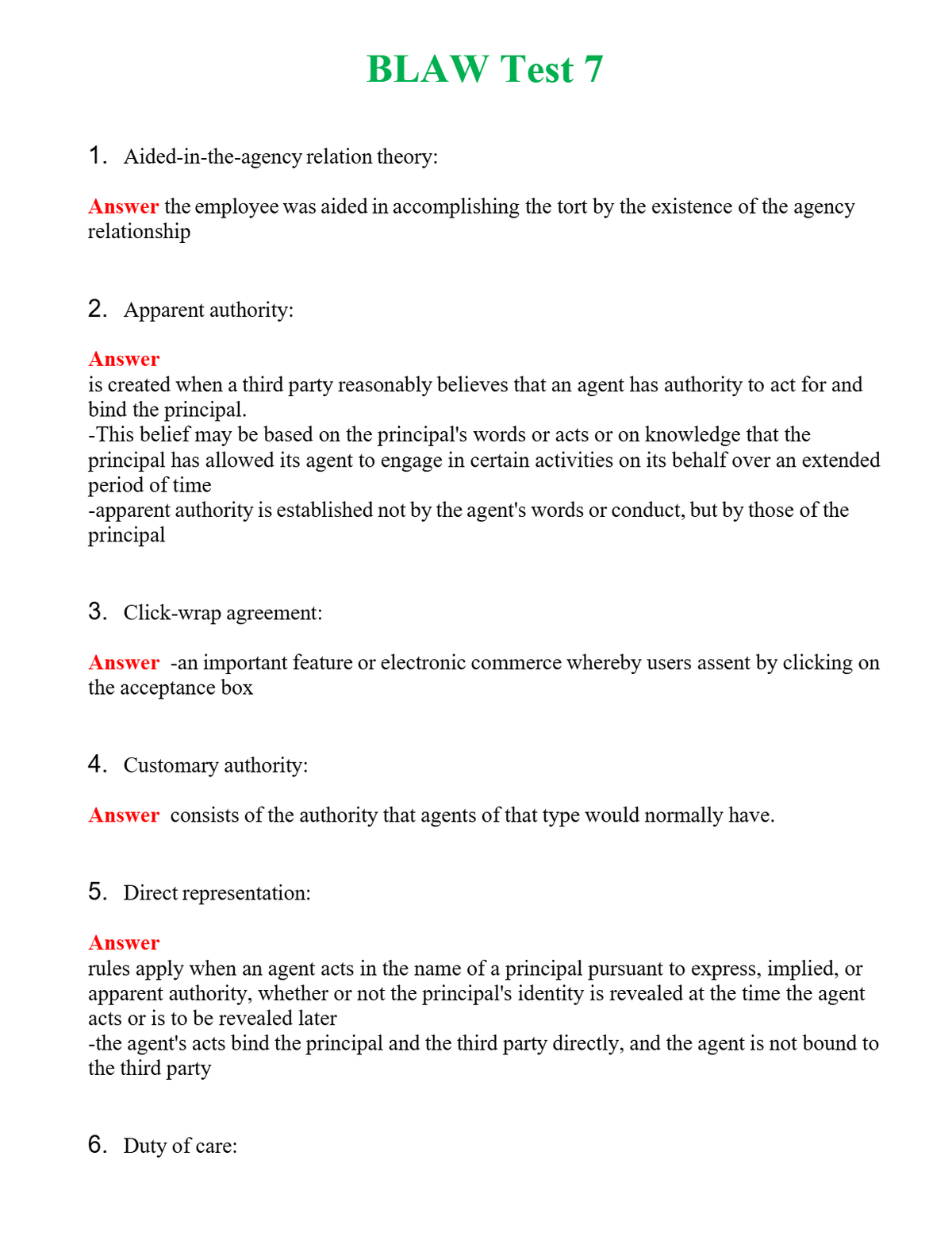 BLAW Test 7 | Actual Questions and Verified Answers ( Included ) 100% Correct